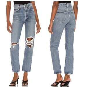 AGOLDE Light Blue Distressed High-Rise Straight Jeans
